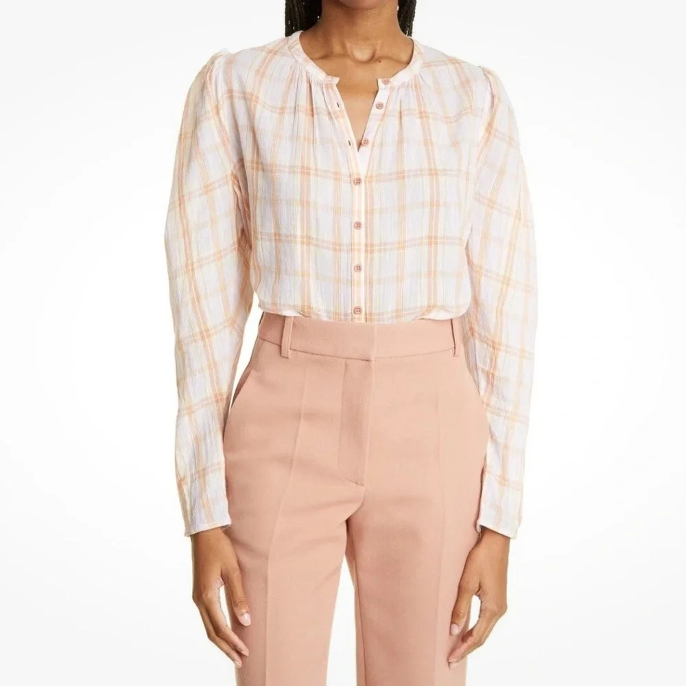 ULLA JOHNSON Nour Blouse Button Down Balloon Sleeve Pink Orange Size 2